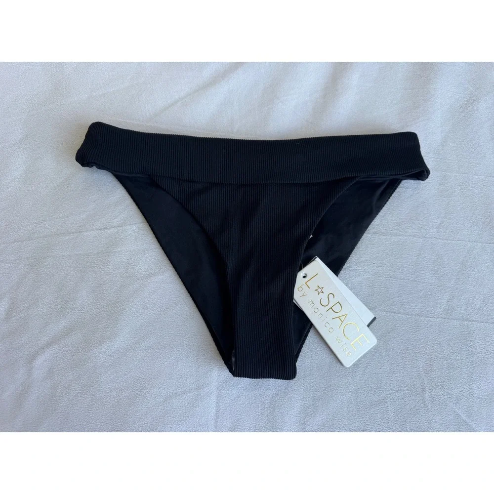 L Space Veronica Black Ribbed Bikini Bottom RHVEC18 Women Medium NEW Swim Beach